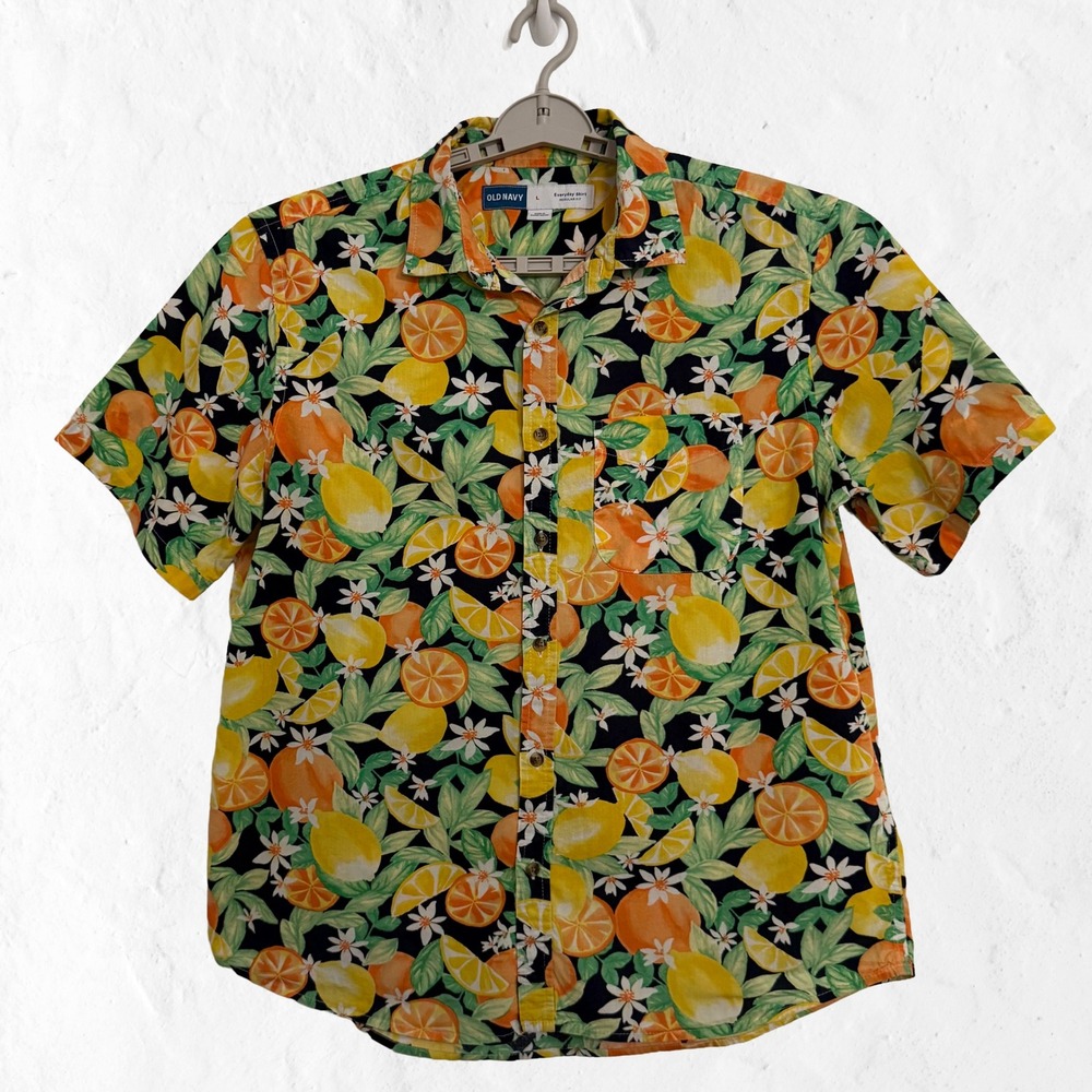 Old Navy Button Up Shirt Mens L Orange Lemon Fruit Print Excellent Short Sleeve